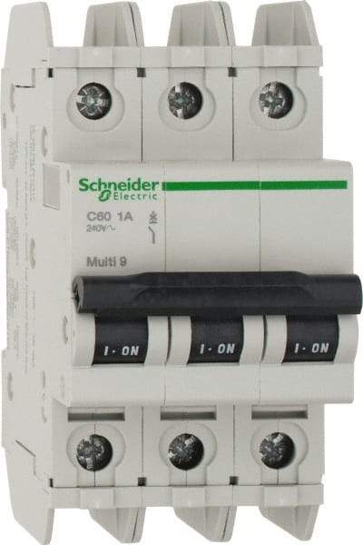 Schneider Electric - 1 Amp, 125 VDC, 240 VAC, 60 VDC, 3 Pole, DIN Rail Mount, Fixed Mount Miniature Circuit Breaker - Thermal Magnetic Trip, Multiple Breaking Capacity Ratings, 73mm Deep x 107mm High x 54mm Wide - USA Tool & Supply