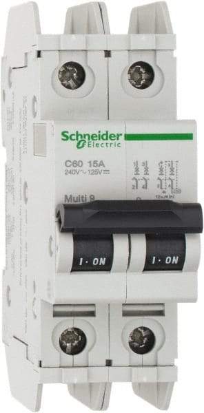 Schneider Electric - 15 Amp, 125 VDC, 240 VAC, 60 VDC, 1 Pole, DIN Rail Mount, Fixed Mount Miniature Circuit Breaker - Thermal Magnetic Trip, Multiple Breaking Capacity Ratings, 73mm Deep x 107mm High x 36mm Wide - USA Tool & Supply