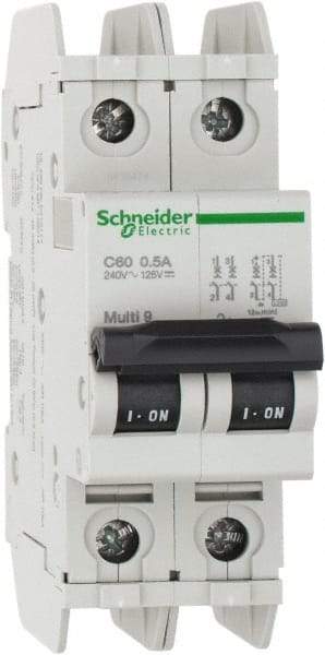 Schneider Electric - 0.50 Amp, 125 VDC, 240 VAC, 60 VDC, 1 Pole, DIN Rail Mount, Fixed Mount Miniature Circuit Breaker - Thermal Magnetic Trip, Multiple Breaking Capacity Ratings, 73mm Deep x 107mm High x 36mm Wide - USA Tool & Supply