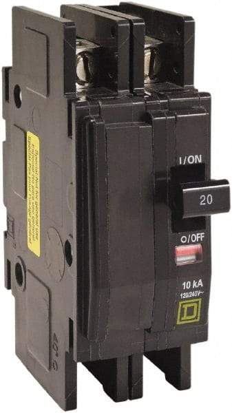 Square D - 25 Amp, 120/240 VAC, 2 Pole, DIN Rail Mounted, Flush Mount, Surface Mount Miniature Circuit Breaker - Thermal Magnetic Trip, 10 kA at 120/240 VAC Breaking Capacity, 14-2 (Aluminum), 14-2 (Copper) AWG, 74mm Deep x 103mm High x 19mm Wide - USA Tool & Supply