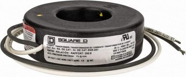 Square D - 200 Amp AC Input, 5 Amp AC Output, Panel Meter Current Transformer - Flying Lead Terminal, For Use with Ammeter, Solid State Transducer - USA Tool & Supply