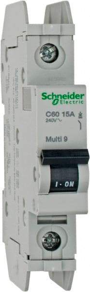 Schneider Electric - 15 Amp, 125 VDC, 240 VAC, 60 VDC, 1 Pole, DIN Rail Mount, Fixed Mount Miniature Circuit Breaker - Thermal Magnetic Trip, Multiple Breaking Capacity Ratings, 73mm Deep x 107mm High x 18mm Wide - USA Tool & Supply