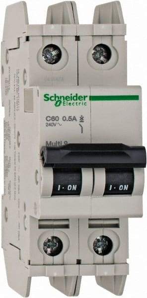Schneider Electric - 0.50 Amp, 125 VDC, 240 VAC, 60 VDC, 1 Pole, DIN Rail Mount, Fixed Mount Miniature Circuit Breaker - Thermal Magnetic Trip, Multiple Breaking Capacity Ratings, 73mm Deep x 107mm High x 36mm Wide - USA Tool & Supply