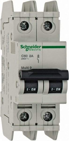 Schneider Electric - 2 Amp, 125 VDC, 240 VAC, 60 VDC, 1 Pole, DIN Rail Mount, Fixed Mount Miniature Circuit Breaker - Thermal Magnetic Trip, Multiple Breaking Capacity Ratings, 73mm Deep x 107mm High x 36mm Wide - USA Tool & Supply