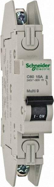 Schneider Electric - 15 Amp, 120/240 VAC, 1 Pole, DIN Rail Mounted Miniature Circuit Breaker - Thermal Magnetic Trip, 10 kA at 240 VAC Breaking Capacity, 14-4 AWG, 73mm Deep x 123.4mm High x 18mm Wide - USA Tool & Supply