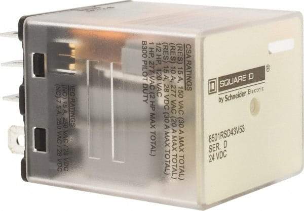 Square D - Electromechanical Plug-in General Purpose Relay - 10 Amp at 250 VAC, 3PDT, 24 VDC - USA Tool & Supply