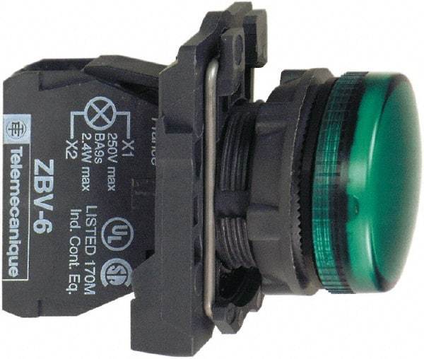 Schneider Electric - 230-240 VAC at 50/60 Hz Green Lens LED Pilot Light - Round Lens, Screw Clamp Connector, 30mm Wide, Vibration Resistant, Water Resistant - USA Tool & Supply