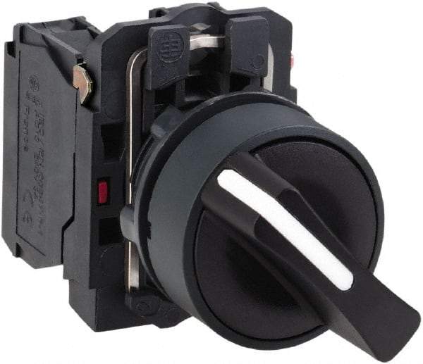 Schneider Electric - 22mm Mount Hole, 3 Position, Handle Operated, Selector Switch with Contact Blocks - Black, Momentary (MO), 2NO, Shock, Vibration and Water Resistant - USA Tool & Supply