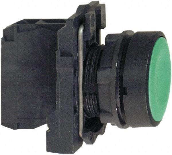 Schneider Electric - 22mm Mount Hole, Flush, Pushbutton Switch with Contact Block - Round, Green Pushbutton, Momentary (MO) - USA Tool & Supply