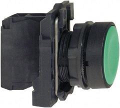 Schneider Electric - 22mm Mount Hole, Flush, Pushbutton Switch with Contact Block - Round, Green Pushbutton, Momentary (MO) - USA Tool & Supply