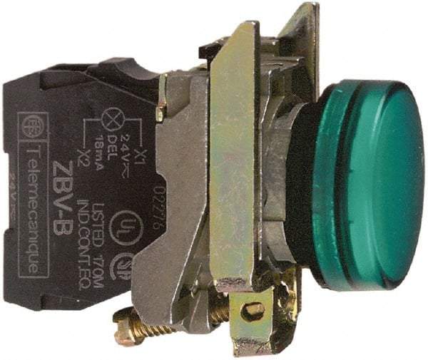 Schneider Electric - 250 V Green Lens Pilot Light - Round Lens, Screw Clamp Connector, 30mm Wide, Vibration Resistant, Water Resistant - USA Tool & Supply