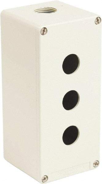 Schneider Electric - 3 Hole, 1.58 Inch Hole Diameter, Zinc Alloy Pushbutton Switch Enclosure - 6.9 Inch High x 3.15 Inch Wide x 3.03 Inch Deep, 4, 13 NEMA Rated - USA Tool & Supply