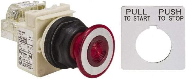 Schneider Electric - 30mm Mount Hole, Extended Straight, Pushbutton Switch with Contact Block - Red Pushbutton, Maintained (MA) - USA Tool & Supply