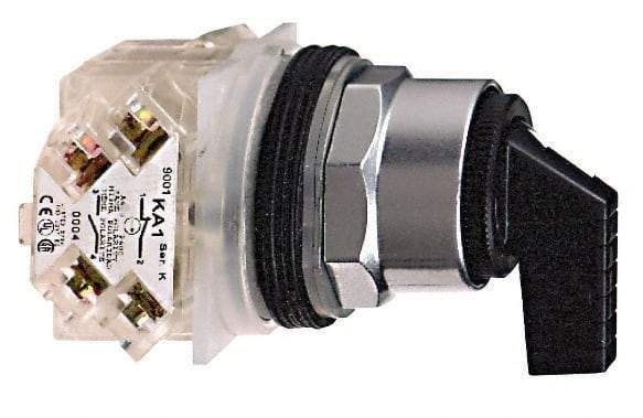 Schneider Electric - 30mm Mount Hole, 3 Position, Knob and Pushbutton Operated, Selector Switch - Black, Maintained (MA), NO/NC, Weatherproof and Dust and Oil Resistant - USA Tool & Supply