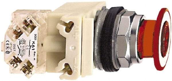 Schneider Electric - 30mm Mount Hole, Extended Straight, Pushbutton Switch with Contact Block - Red Pushbutton, Maintained (MA) - USA Tool & Supply