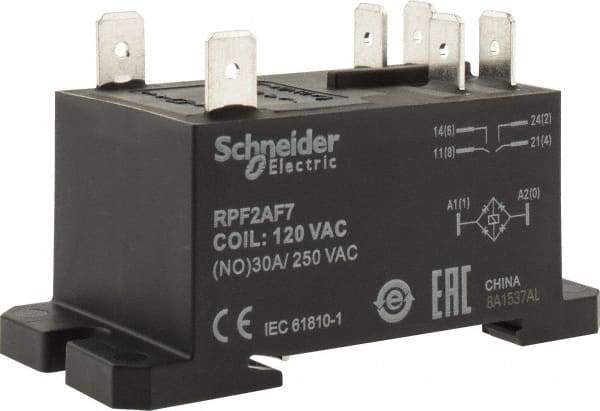 Schneider Electric - 7,500 VA Power Rating, Electromechanical Plug-in General Purpose Relay - 20 Amp at 28 VDC, 25 at 28 VDC, 30 at 250/277 VAC, 2NO, 120 VAC - USA Tool & Supply