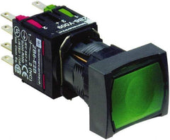 Schneider Electric - 16mm Mount Hole, Flush, Pushbutton Switch with Contact Block - Rectangle, Green Pushbutton, Illuminated, Momentary (MO) - USA Tool & Supply