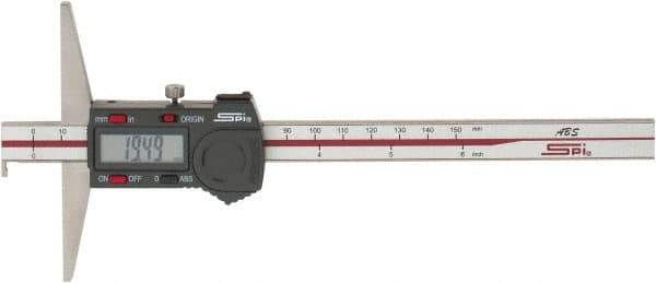 SPI - 0mm to 150mm ABS Plastic (Case) Electronic Depth Gage - 0.02mm Accuracy, 0.01mm Resolution, 4" Base Length, With Single Hook - USA Tool & Supply