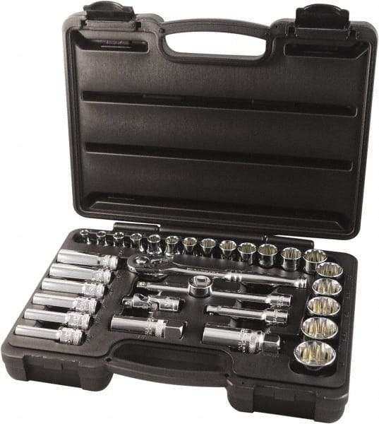 Paramount - 31 Piece 3/8" Drive Chrome Finish Socket Set - 12 Points, 1/4" to 1" Range, Inch Measurement Standard - USA Tool & Supply