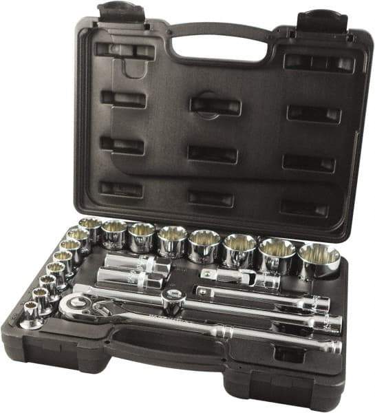 Paramount - 22 Piece 1/2" Drive Chrome Finish Socket Set - 12 Points, 5/16" to 1-1/4" Range, Inch Measurement Standard - USA Tool & Supply