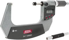 SPI - 3 to 4" Range, 0.00005" Resolution, Double Ratchet IP65 Electronic Outside Micrometer - 0.0002" Accuracy, Ratchet-Friction Thimble, Carbide Face, CR2032 Battery, Includes NIST Traceable Certification of Inspection - USA Tool & Supply