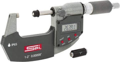 SPI - 1 to 2" Range, 0.00005" Resolution, Double Ratchet IP65 Electronic Outside Micrometer - 0.0002" Accuracy, Ratchet-Friction Thimble, Carbide Face, CR2032 Battery, Includes NIST Traceable Certification of Inspection - USA Tool & Supply