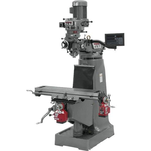 Jet - 9" Table Width x 42" Table Length, Variable Speed Pulley Control, 1 Phase Knee Milling Machine - R8 Spindle Taper, 2 hp - USA Tool & Supply