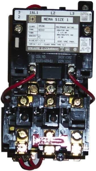 Square D - 440 Coil VAC at 50 Hz, 480 Coil VAC at 60 Hz, 27 Amp, NEMA Size 1, Nonreversible Open Enclosure NEMA Motor Starter - 3 Phase hp: 10 at 460 VAC, 10 at 575 VAC, 7-1/2 at 200 VAC, 7-1/2 at 230 VAC - USA Tool & Supply