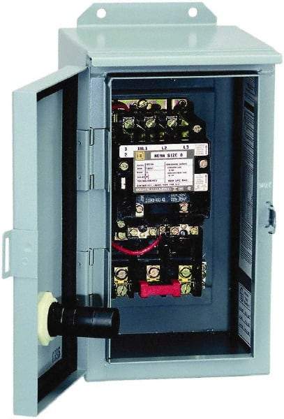 Square D - 220 Coil VAC at 50 Hz, 240 Coil VAC at 60 Hz, 27 Amp, NEMA Size 1, Nonreversible Enclosed Enclosure NEMA Motor Starter - 3 Phase hp: 10 at 460 VAC, 10 at 575 VAC, 7-1/2 at 200 VAC, 7-1/2 at 230 VAC, 12 Enclosure Rating - USA Tool & Supply