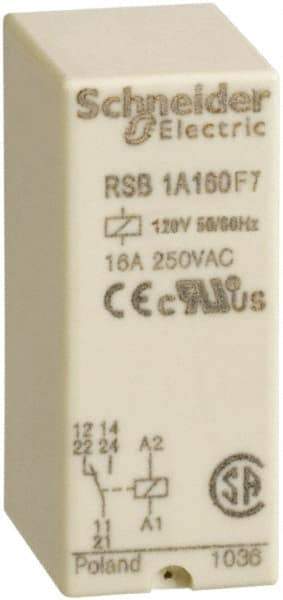 Schneider Electric - 4,000 VA Power Rating, Electromechanical Plug-in General Purpose Relay - 16 Amp at 250 VAC & 28 VDC, 1CO, 120 VAC - USA Tool & Supply