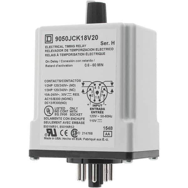 Square D - 0.66 min Delay, DPDT Time Delay Relay - 10 Contact Amp, 110 VDC & 120 VAC - USA Tool & Supply