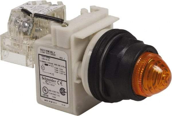 Schneider Electric - 120 V Amber Lens LED Pilot Light - Round Lens, Screw Clamp Connector, 54mm OAL x 42mm Wide, Vibration Resistant - USA Tool & Supply