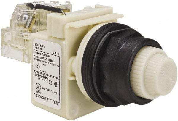 Schneider Electric - 110 VAC at 50/60 Hz via Transformer, 120 VAC at 50/60 Hz via Transformer White Lens Press-to-Test Indicating Light - Round Lens, Screw Clamp Connector, Corrosion Resistant, Dust Resistant, Oil Resistant - USA Tool & Supply