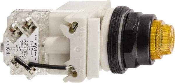 Schneider Electric - 110 VAC at 50/60 Hz via Transformer, 120 VAC at 50/60 Hz via Transformer Amber Lens Press-to-Test Indicating Light - Round Lens, Screw Clamp Connector, Corrosion Resistant, Dust Resistant, Oil Resistant - USA Tool & Supply
