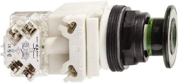 Schneider Electric - 30mm Mount Hole, Extended Straight, Pushbutton Switch with Contact Block - Green Pushbutton, Maintained (MA) - USA Tool & Supply