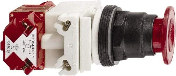 Schneider Electric - 30mm Mount Hole, Extended Straight, Pushbutton Switch with Contact Block - Red Pushbutton, Maintained (MA), Momentary (MO) - USA Tool & Supply