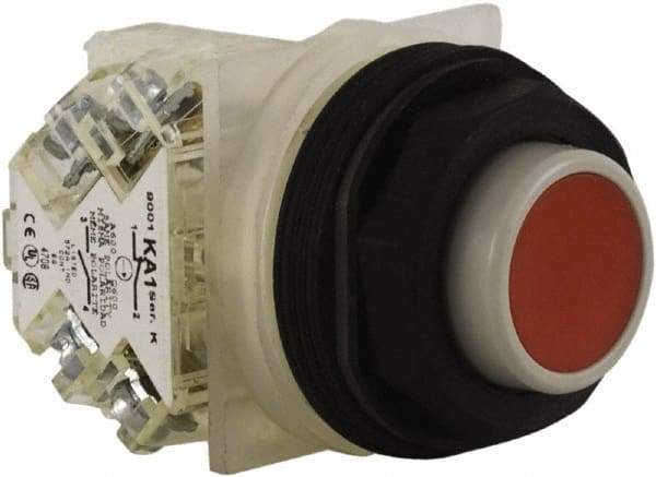Schneider Electric - 30mm Mount Hole, Extended Straight, Pushbutton Switch with Contact Block - Red Pushbutton, Momentary (MO) - USA Tool & Supply