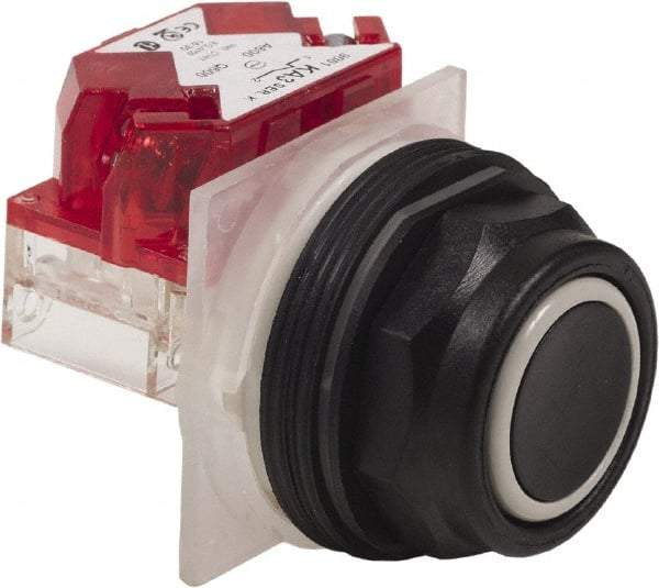 Schneider Electric - 30mm Mount Hole, Extended Straight, Pushbutton Switch with Contact Block - Black Pushbutton, Momentary (MO) - USA Tool & Supply