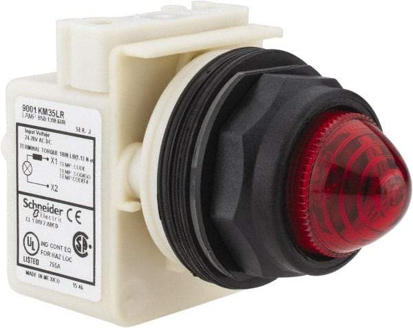 Schneider Electric - 24 VAC/DC Red Lens LED Pilot Light - Round Lens, Screw Clamp Connector, 54mm OAL x 42mm Wide, Vibration Resistant - USA Tool & Supply