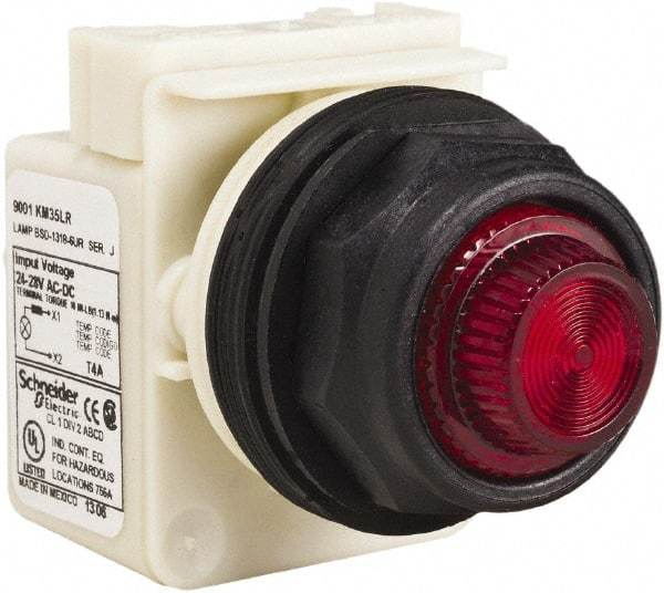Schneider Electric - 24 V, 28 V Red Lens LED Indicating Light - Round Lens, Screw Clamp Connector, Corrosion Resistant, Dust Resistant, Oil Resistant - USA Tool & Supply