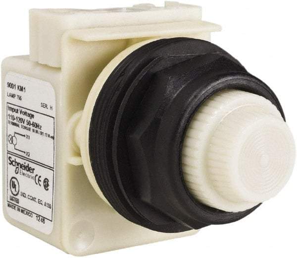 Schneider Electric - 110 VAC at 50/60 Hz via Transformer, 120 VAC at 50/60 Hz via Transformer White Lens Indicating Light - Round Lens, Screw Clamp Connector, Corrosion Resistant, Dust Resistant, Oil Resistant - USA Tool & Supply