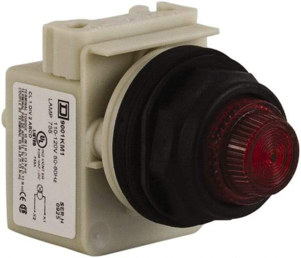 Schneider Electric - 110 VAC at 50/60 Hz via Transformer, 120 VAC at 50/60 Hz via Transformer Red Lens Indicating Light - Round Lens, Screw Clamp Connector, Corrosion Resistant, Dust Resistant, Oil Resistant - USA Tool & Supply