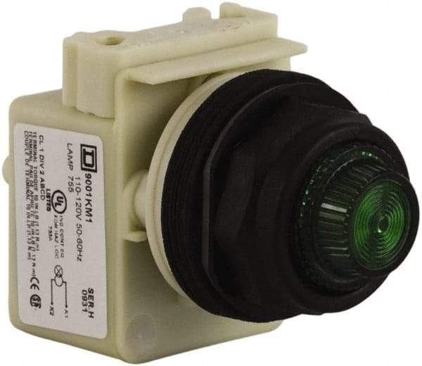 Schneider Electric - 110 VAC at 50/60 Hz via Transformer, 120 VAC at 50/60 Hz via Transformer Green Lens Indicating Light - Round Lens, Screw Clamp Connector, Corrosion Resistant, Dust Resistant, Oil Resistant - USA Tool & Supply