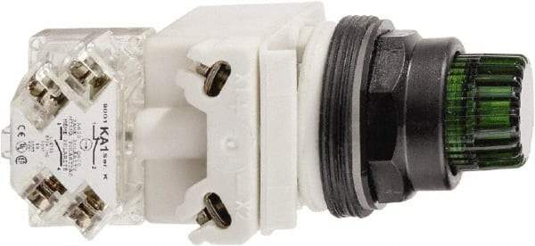 Schneider Electric - 30mm Mount Hole, Extended Straight, Pushbutton Switch with Contact Block - Green Pushbutton, Momentary (MO) - USA Tool & Supply