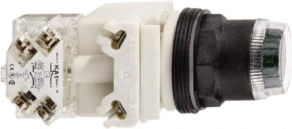 Schneider Electric - 30mm Mount Hole, Extended Straight, Pushbutton Switch with Contact Block - Green Pushbutton, Momentary (MO) - USA Tool & Supply