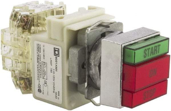 Schneider Electric - 30mm Mount Hole, Pushbutton Switch with Pilot Light - Rectangle, Green and Red Pushbutton, Illuminated, Momentary (MO), Start-On-Stop - USA Tool & Supply