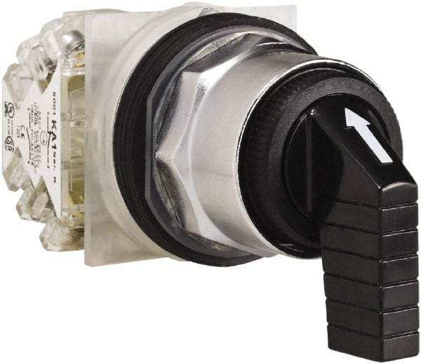 Schneider Electric - 30mm Mount Hole, 3 Position, Knob and Pushbutton Operated, Selector Switch - Black, Momentary (MO), NO/NC, Weatherproof and Dust and Oil Resistant - USA Tool & Supply