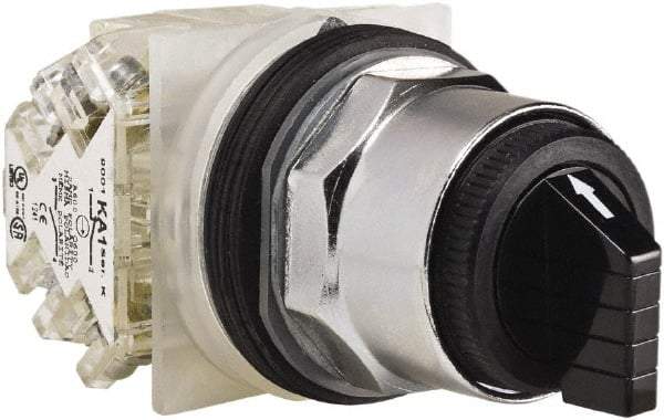 Schneider Electric - 1.18 Inch Mount Hole, 3 Position, Knob and Pushbutton Operated, Selector Switch - Black, Maintained (MA), 2NO/2NC, Weatherproof and Dust and Oil Resistant - USA Tool & Supply