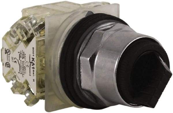 Schneider Electric - 30mm Mount Hole, 2 Position, Knob and Pushbutton Operated, Selector Switch - Black, Maintained (MA), 2NO/2NC, Weatherproof and Dust and Oil Resistant - USA Tool & Supply