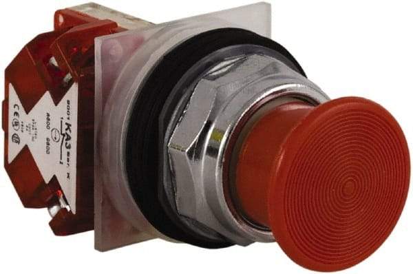 Schneider Electric - 30mm Mount Hole, Extended Straight, Pushbutton Switch with Contact Block - Red Pushbutton, Momentary (MO) - USA Tool & Supply